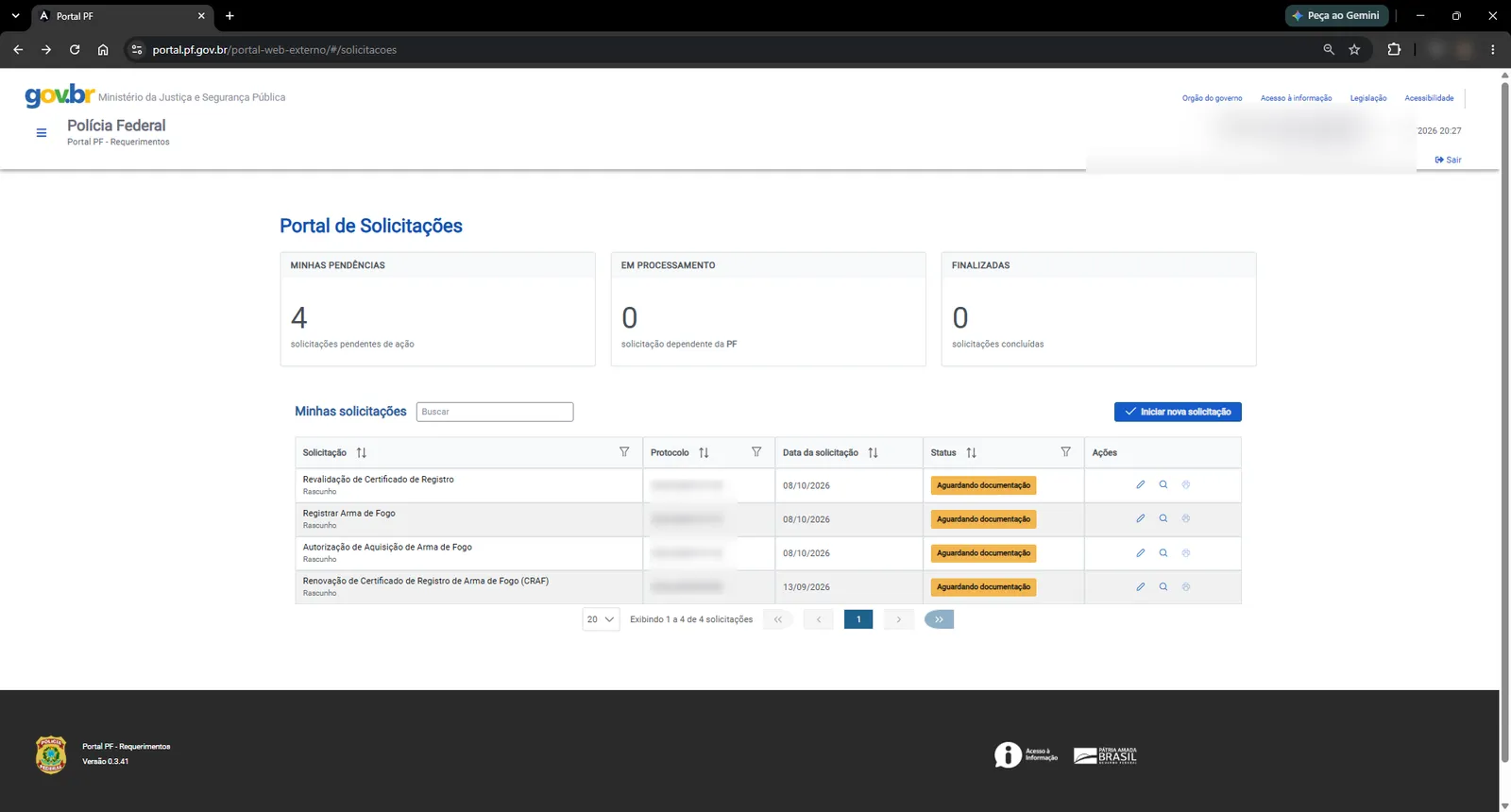 Painel Portal de Solicitações do Portal PF com contadores de pendências e lista Minhas solicitações
